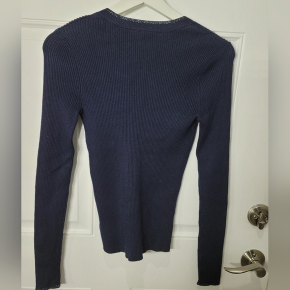 V-Neck Knitted Navy Blue Sweater with Silver Metallic Trim Size XS - Picture 2 of 5